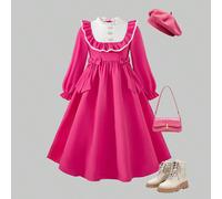 Robe élégante et douce pour filles, automne-hiver, retour à l'école, blocs de couleurs, faux col superposé à volants, double nœud, manches longues 8Y,9Y,10Y,11Y,12YBlocs de couleurPolyester