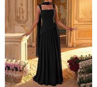 Robe élégante et glamour en satin élastique avec patchwork de mousseline, bretelles asymétriques, design froncé et ourlet trapèze (foulard amovible autour du cou), convient pour soirée, enterrement de