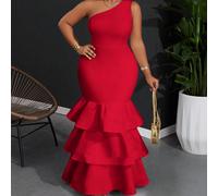 Robe élégante et haute gamme en maille élastique noire avec patchwork, à volants multicouches à ourlet, avec une épaule dénudée. grande taille. 0XL,1XL,2XL,3XL,4XL,5XLUnicoloreTissu tricoté