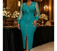 Robe élégante et luxueuse AOMEI pour femmes, col en V, manches longues transparentes, ornée de perles, ajustée avec fente, dégageant un charme envoûtant, pour mariage d'automne et fête L,M,S,XL,XXLUni
