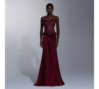 Robe élégante et luxueuse en satin jacquard patchwork, avec un décolleté bustier sexy et une jupe sirène plissée. Convient pour les mariages, les fêtes, les vacances, les bals et les événements formel