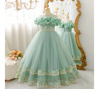 Robe élégante et mignonne verte avec volants, dentelle et patchwork pour jeune fille, convient pour demoiselle d'honneur de mariage, fête d'anniversaire, hôtesse, représentation sur scène et autres oc