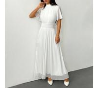 Robe élégante et romantique à taille haute et coupe évasée avec col montant, manches évasées, blanche. Convient pour le travail, la plage, les vacances Petite XXS,Petite XS,Petite S,Petite M,Petite LU