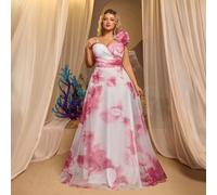 Robe élégante et romantique à une épaule avec grand volant 3D floral rose et multicolore, coupe évasée. Convient pour soirée de gala, fête, rendez-vous, bal, vacances, événements de mariage 0XL,1XL,2X