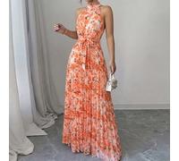 Robe élégante et romantique avec col à volants, taille plissée et coupe évasée, motif floral marguerite. Convient pour les vacances. L,M,S,XLTout Imprimé,Imprimés aléatoiresTissu tissé