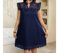 Robe élégante et romantique en dentelle blanche à col rond et manches courtes pour grandes tailles, robe de mariée pour invités au printemps/été. Robe en dentelle bleu marine, robe bleu marine pour fe