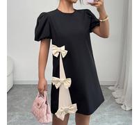 Robe élégante et romantique pour femme, idéale au quotidien, style lanterne à manches courtes, col rond, ourlet contrasté, nœud décoratif, noire, non extensible, collection printemps/été L,M,S,XLUnico