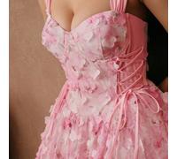 Robe élégante et romantique pour femmes avec imprimé floral rose, taille à cordon de serrage, coupe évasée et épaules dénudées L,M,S,XSTissu tissé