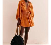 Robe élégante, et sexy à encolure en V profond et manches bouffantes. Robe décontractée courte, robe de plage bohème et tropicale pour femmes, printemps/été L,M,S,XLUnicoloreTissu tissé