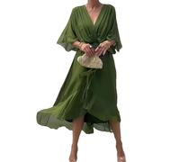 Robe Élégante et Stylée Col en V Maxi, Robe Fluide en Mousseline, Robe de Soirée Maxi pour l'Été, Robe de Mariée pour Invitée, vert militaire, 4XL