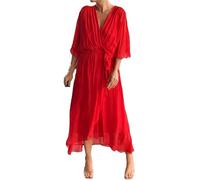 Robe Élégante et Stylée Col V Maxi, Robe Fluide en Mousseline, Robe de Soirée Maxi pour l'Été, Robe de Mariée pour Invitée, Rouge, 4XL