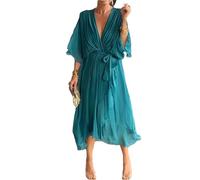 Robe Élégante et Stylisée Col en V Maxi, Robe Fluide en Mousseline, Robe de Soirée Maxi pour l'Été, Robe de Mariée pour Invitée, Vert lac, XL