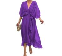 Robe Élégante et Stylisée Col en V Maxi, Robe Fluide en Mousseline, Robe de Soirée Maxi pour l'Été, Robe de Mariée pour Invitée, violet, XL