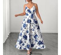 Robe élégante grande taille à motif floral en porcelaine bleu et blanc, col en V, col licou, épaules dénudées, ceinture, coupe en X, parfaite pour un voyage romantique printemps/été style occidental, 