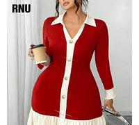 Robe élégante grande taille en maille côtelée à blocs de couleurs pour femme, col avec boutons en perles brillantes, poignets et ourlet contrastés, nouvelle tenue automne/hiver grande taille, polyvale