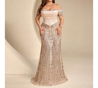 Robe élégante grande taille en satin avec perles et paillettes, épaules dénudées, dos nu, ourlet asymétrique à une épaule, style sirène. Convient pour les événements formels du soir, les mariages, les