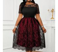 Robe élégante grande taille pour la Saint-Valentin avec patchwork de dentelle, col rond, manches courtes, noire, hiver, formelle, soirée, invitée de mariage, tenue de croisière d'été pour femmes 0XL,1
