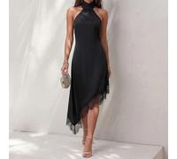 Robe élégante noire à encolure ras-du-cou, design dos nu audacieux avec grand nœud, matière satin, ourlet en dentelle irrégulier, convient pour cocktail et rendez-vous. Robe à encolure ras-du-cou, rob