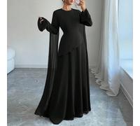 Robe élégante noire vintage chic du Moyen-Orient pour femmes, taille cintrée à volants, ourlet évasé en mousseline, manches longues, drapé sur les épaules, robe d'automne pour dîner L,M,S,XLUnicoloreT