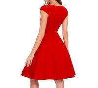 Robe élégante pour femme avec col en V en forme de A, manches courtes pour les occasions festives et les tenues de bureau avec mélange de coton doux et soulignant la taille décorative, rouge, M