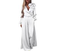 Robe élégante pour femme en satin à deux pièces avec col en V profond, haut à manches longues et jambe large, pantalon élégant avec poches, couleur unie, ensemble formel, robe longue oversize, Blanc