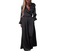 Robe élégante pour femme en satin à deux pièces avec col en V profond, haut à manches longues et jambe large, pantalon élégant avec poches, couleur unie, ensemble formel, robe longue oversize, Noir