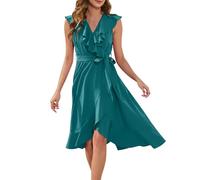 Robe élégante pour femme - Longueur genou - Robe d'été sans manches - Robe de plage - Robe de vacances - Robe de plage à volants - Col en V - Couleur unie - Robe décontractée avec fente - Robe d'été