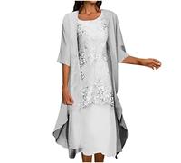 Robe Élégante pour Femmes Grande Taille pour Mère de la Mariée, Ensemble de Robe de Mariage pour Invitée en 2 Pièces, Robes de Cocktail et de Fête + Cardigan Longue Manche en Dentelle Découpée, Gris 1