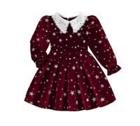 Robe élégante pour fille avec impression d'étoile, bordure en dentelle florale, col cranté, manches longues, pour fête, mode quotidienne, parfaite pour les jeunes femmes, rouge, 3-4 ans
