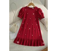 Robe élégante pour fille préadolescente rouge et blanche avec perles, manches bouffantes, col rond, ourlet à volants, robe droite tissée d'automne pour fête, mariage & Saint-Valentin 7Y,8Y,9Y,10Y,11Y,