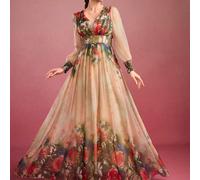 Robe élégante pour le printemps et les vacances, avec encolure en cœur, imprimé floral aléatoire, volants aux poignets et design color block L,M,S,XLFloralTissu tissé