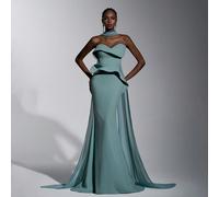 Robe élégante, romantique et à la mode en tissu élastique gris-vert avec décoration 3D, col halter, ourlet sirène, traîne, robe de soirée longue et habillée, robe d'invitée de mariage, robe verte, rob