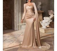 Robe élégante, romantique et digne, en satin extensible kaki, avec décoration de strass et de perles, coupe en bonnet, plissée, avec ourlet en queue de poisson et traîne, mode, pour vacances, fête d'a