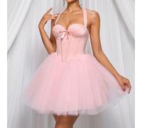 Robe élégante, romantique, et jeune en satin rose avec une couture en maille, un décolleté, un col ras-du-cou. Une robe de ballet convenant pour les festivals de musique, les anniversaires, les mariag