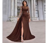 Robe élégante, romantique et luxueuse aux tons de café pour le printemps et l'été. Avec des sequins, des broderies et une coupe évasée. Col rond, manches longues transparentes, grande fente sur le côt