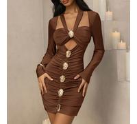 Robe élégante, romantique et sexy vert menthe en maille extensible, col halter, manches longues, ornée d'une boucle métallique ajourée. Parfaite pour les soirées, les fêtes, la plage, les vacances, le