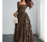 Robe élégante, sexy et moderne pour femmes, à manches longues, style Y2K romantique avec volants et double couche, imprimé léopard abstrait de luxe L,M,S,XLTissu tricoté