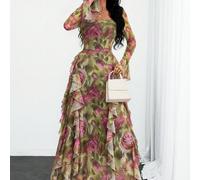 Robe élégante, sexy et moderne pour femmes, à manches longues, style Y2K romantique avec volants et double couche, imprimé léopard abstrait, pour le printemps L,M,S,XLPlantesTissu tricoté