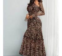 Robe élégante, sexy, moderne et magnifique à manches longues, avec plissé romantique à deux couches et imprimé léopard abstrait. Convient pour le travail, les sorties et les vacances L,M,STissu tricot