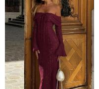 Robe Élio Closet pour femmes, style rétro français, épaules dénudées, couleur unie, transparente avec dentelle ajourée - robe de soirée élégante et sexy avec manches longues ajustées et lien à l'avant