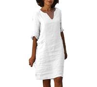 Robe en Coton et Lin Chic été uni Courte Grande Taille Manche 3/4 Femme Col V Droite Ample Casual Retro Vintage