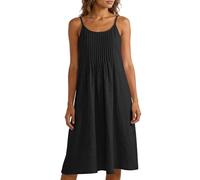 Robe en Coton Femme Ete Chic et Elegant Tunique Robe Mi Longue sans Manches Bretelles Ample Casuel Couleur Unie Robes Col Rond Décontractée Robes De Plage Grande Taille Dress pour FêTe Vacances