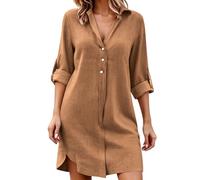 Robe en Coton Lin Femme Ete Chic et Elegant Tunique Robe Chemise Manche Longue Ample Casuel Couleur Uni Robes Décontractée De Plage Grande Taille Dress pour Vacances Robes Col Revers avec Boutons