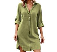 Robe en Coton Lin Femme Ete Chic et Elegant Tunique Robe Chemise Manche Longue Ample Casuel Couleur Uni Robes Décontractée De Plage Grande Taille Dress pour Vacances Robes Col Revers avec Boutons