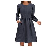 Robe en Coton Manches Courtes Tempérament, Col rond, Poche, Couleur Unie, Tricoté Jacquard, Manches Longues, Ligne Robes Longues Printemps, Marine militaire., S