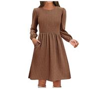 Robe en Coton Manches Courtes Tempérament, Col rond, Poche, Couleur Unie, Tricoté Jacquard, Manches Longues, Ligne Robes Longues Printemps, marron, L