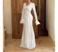Robe en dentelle à col V profond, manches longues et ajustée pour femmes - Parfaite pour un rendez-vous, une soirée cocktail et des événements du soir. Blanc, élégante pour le printemps L,M,S,XL,XSUni