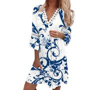 Robe en Dentelle Femmes Manches 3/4 Été Col en V Robe Mi-Longue Décontractée Robes Courtes Imprimé Coupe Ample Plage Vacances Fête Mariage Robe d'été Une Ligne Robe Évasée Swing Dress