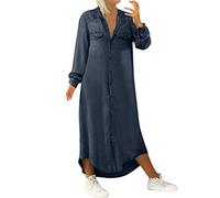 Robe en Jean à Col en V - Tunique d'été Ample à Manches Longues - Maxi Denim de Loisirs - Mode Vintage Avec Poches