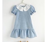 Robe en jean avec collier Peter Pan mignon, manches bouffantes, dentelle, nœud et volants pour filles 6Y,7Y,4Y,5YUnicoloreJean